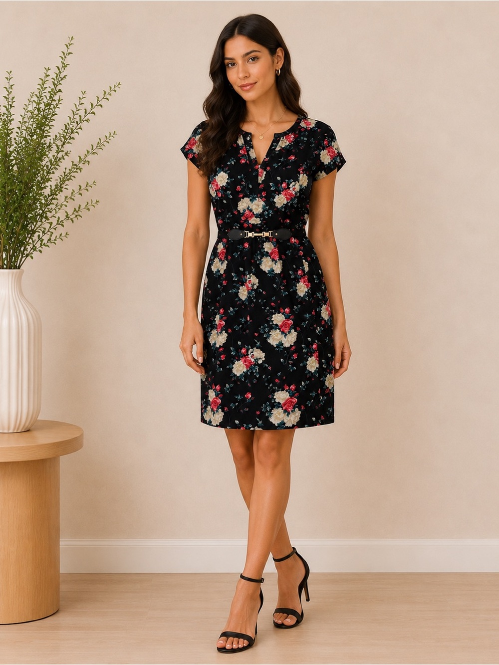 QED London Black Rose Print Midi Dress Women’s US 4